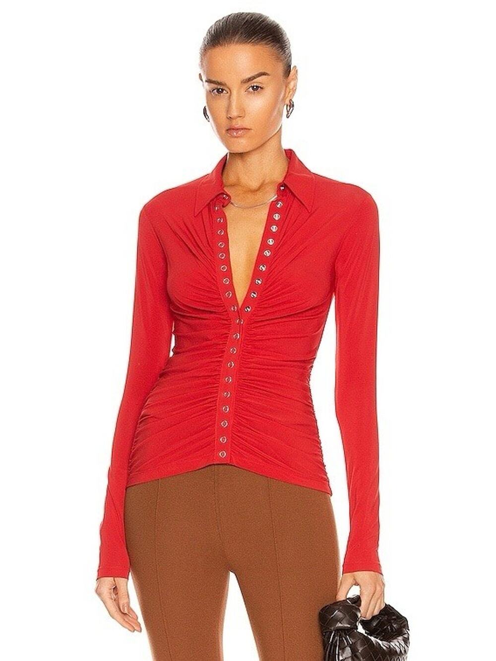 ALC Larsen Viscose Jersey Ruched Polo Cardigan Red M
